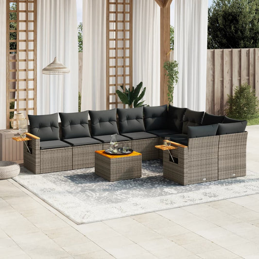 10-delige Loungeset met kussens poly rattan grijs