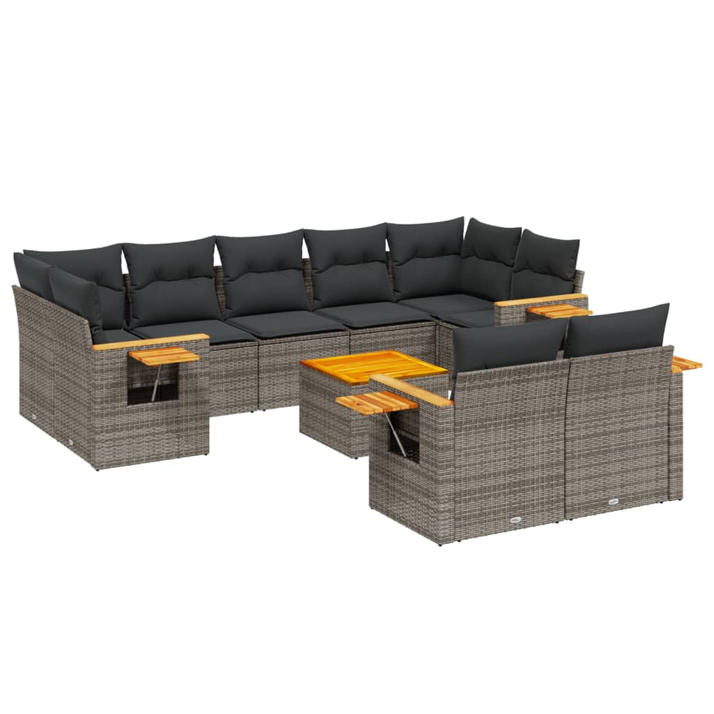 10-delige Loungeset met kussens poly rattan grijs