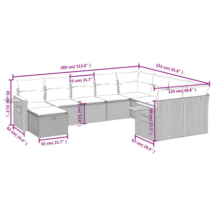 10-delige Loungeset met kussens poly rattan grijs