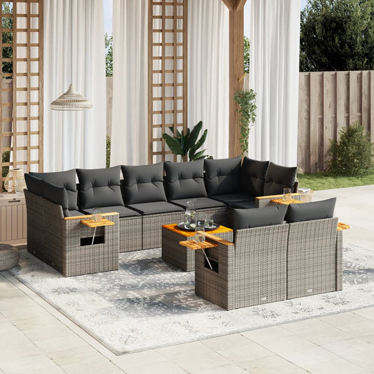 10-delige Loungeset met kussens poly rattan grijs