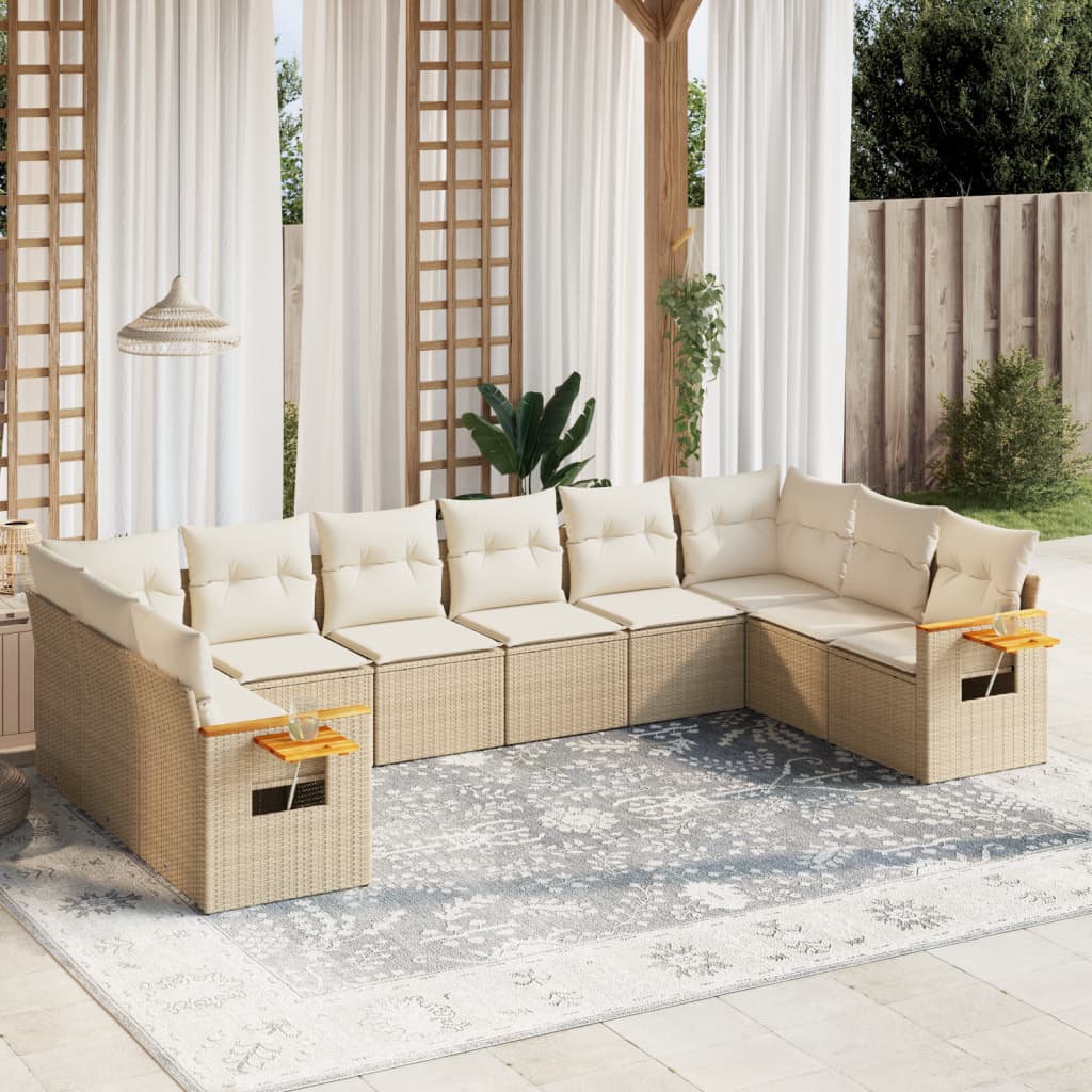 10-delige Loungeset met kussens poly rattan beige