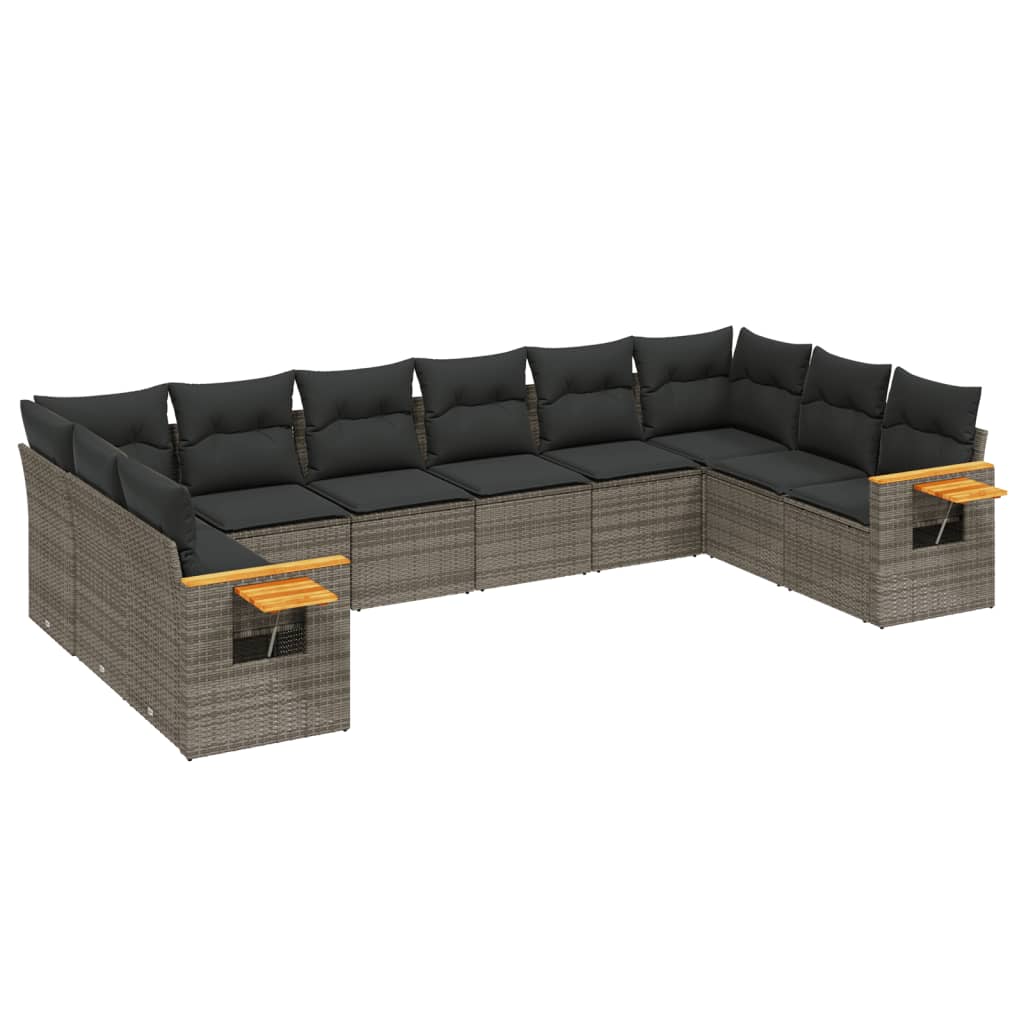 10-delige Loungeset met kussens poly rattan grijs