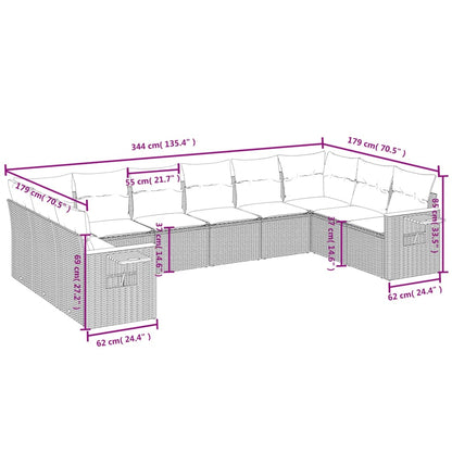 10-delige Loungeset met kussens poly rattan grijs