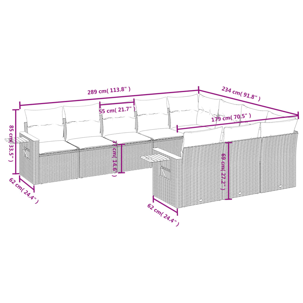 10-delige Loungeset met kussens poly rattan beige