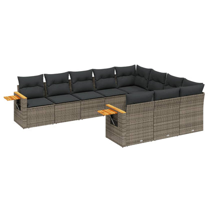 10-delige Loungeset met kussens poly rattan grijs