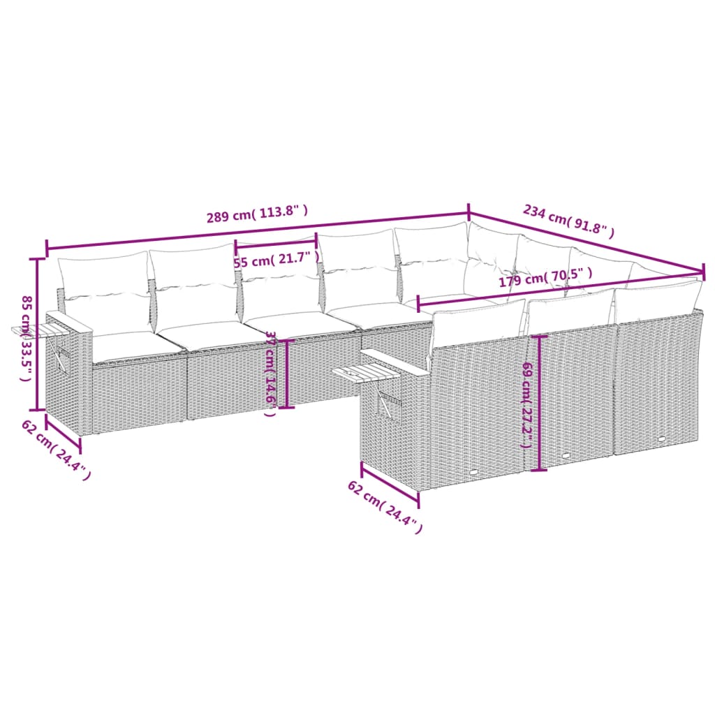 10-delige Loungeset met kussens poly rattan grijs