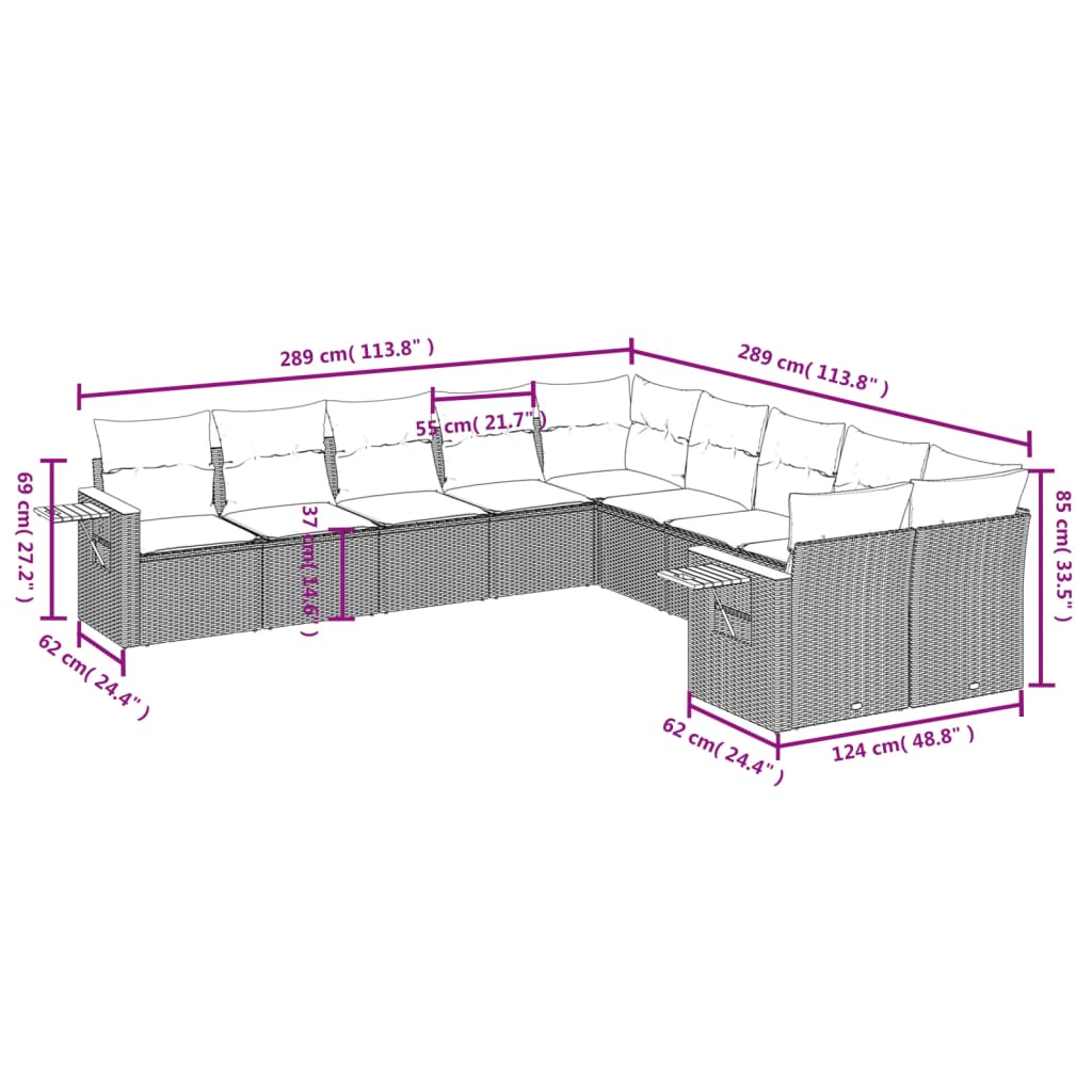 10-delige Loungeset met kussens poly rattan grijs