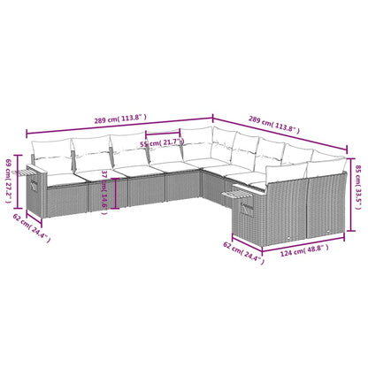 10-delige Loungeset met kussens poly rattan grijs