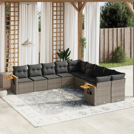 10-delige Loungeset met kussens poly rattan grijs