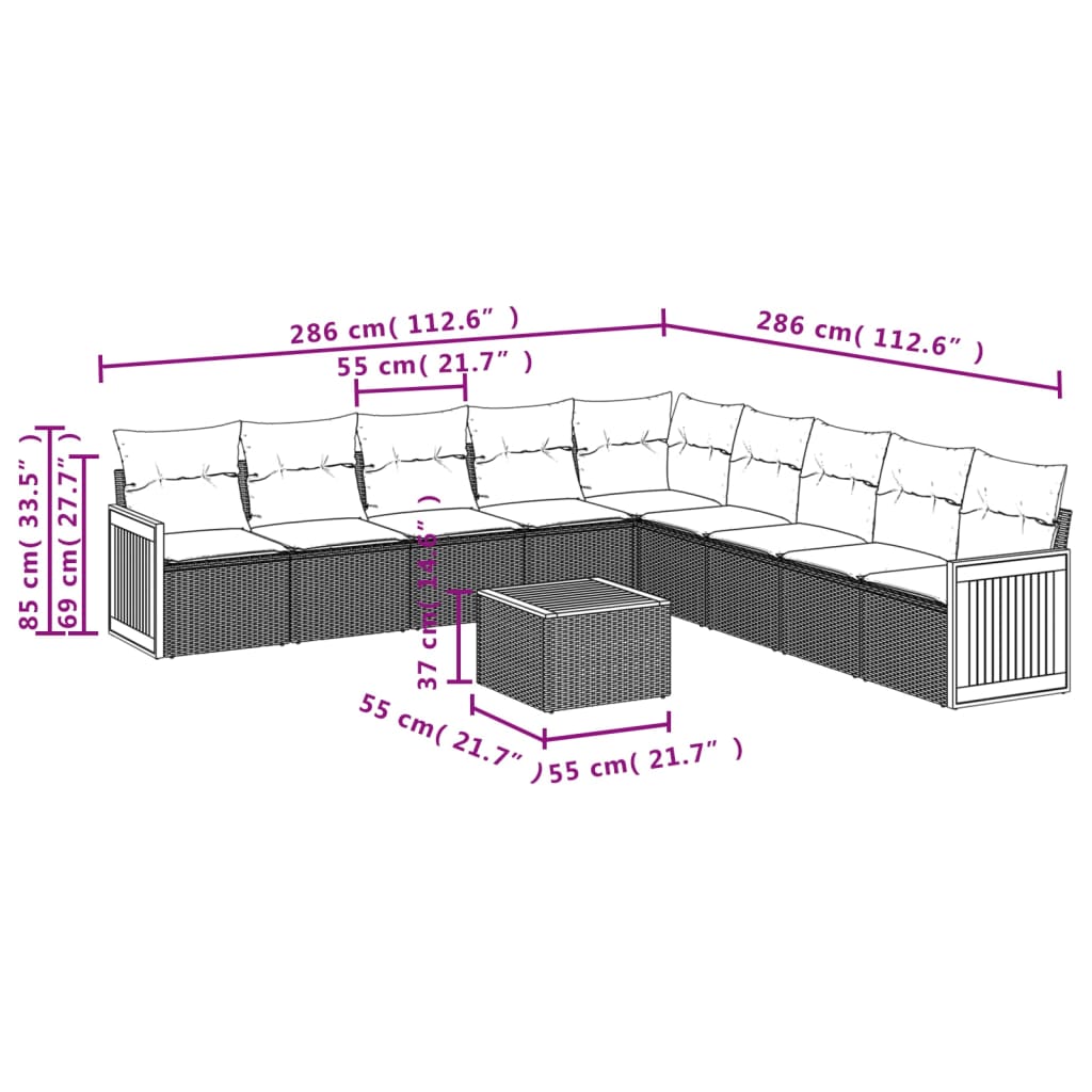 10-delige Loungeset met kussens poly rattan grijs