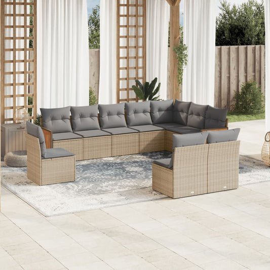 10-delige Loungeset met kussens poly rattan beige