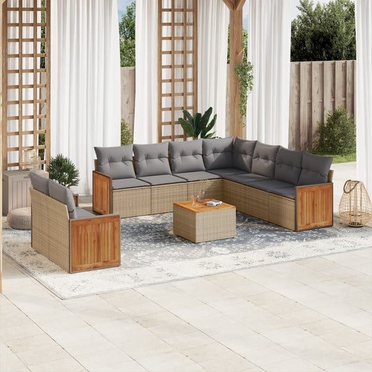 10-delige Loungeset met kussens poly rattan beige