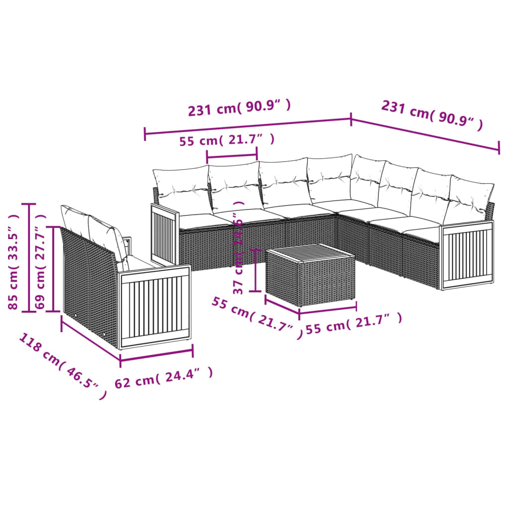 10-delige Loungeset met kussens poly rattan grijs