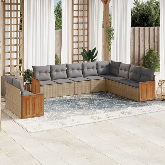 10-delige Loungeset met kussens poly rattan beige