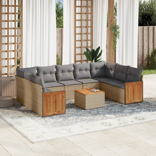 10-delige Loungeset met kussens poly rattan beige