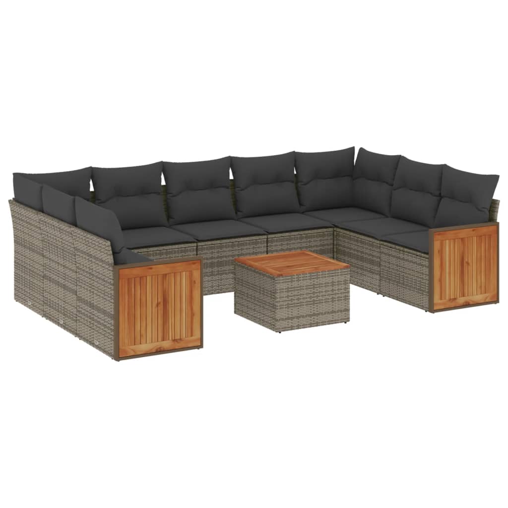 10-delige Loungeset met kussens poly rattan grijs