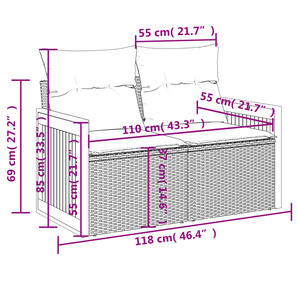 10-delige Loungeset met kussens poly rattan grijs