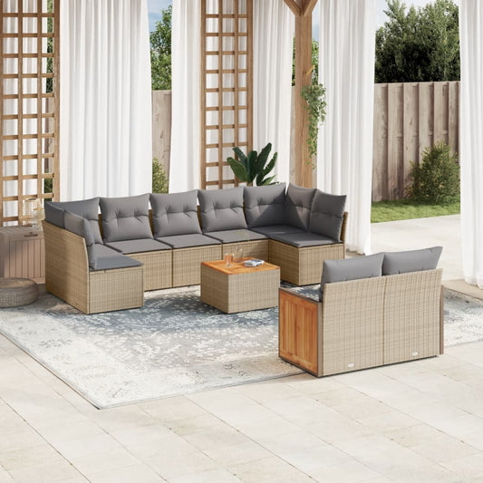 10-delige Loungeset met kussens poly rattan beige