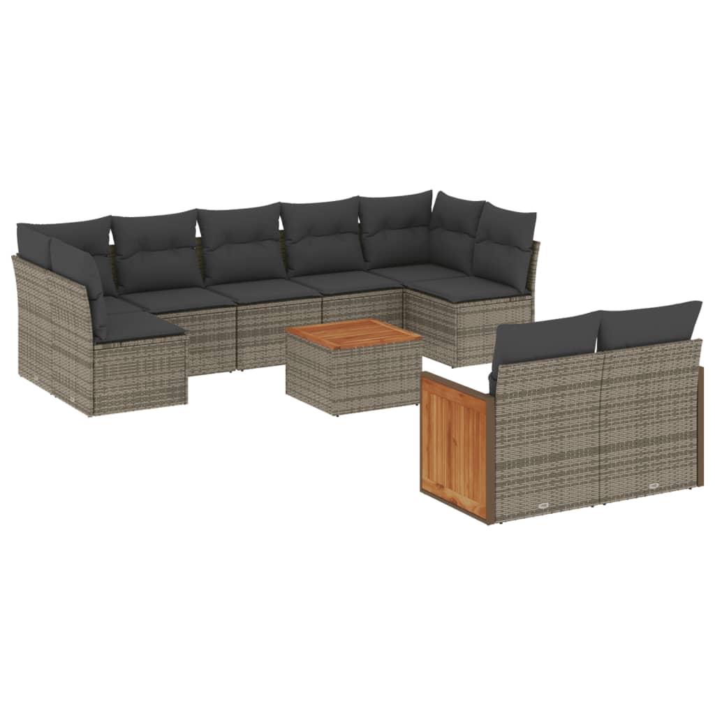 10-delige Loungeset met kussens poly rattan grijs