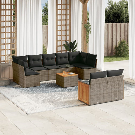 10-delige Loungeset met kussens poly rattan grijs