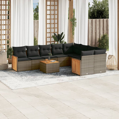 10-delige Loungeset met kussens poly rattan grijs