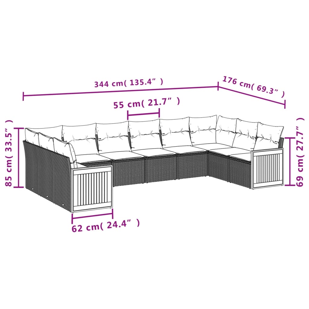 10-delige Loungeset met kussens poly rattan grijs