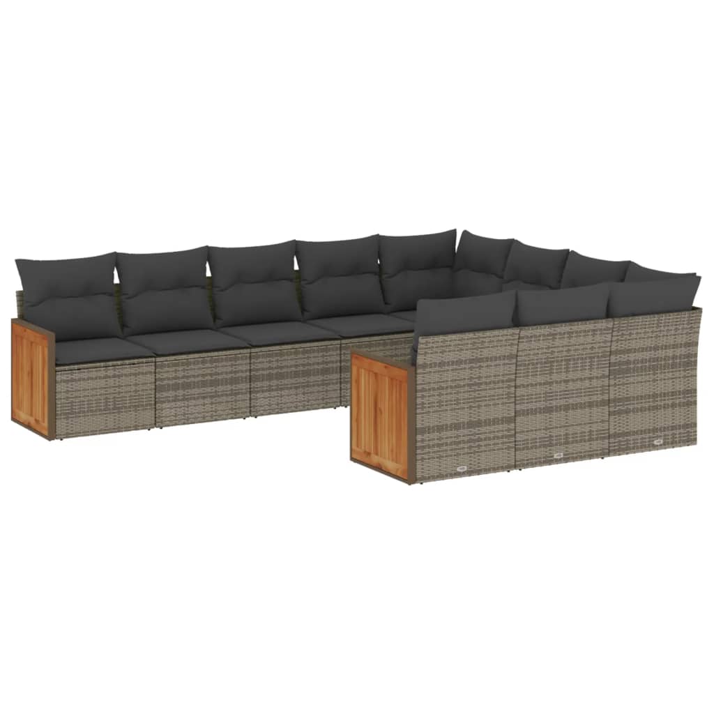 10-delige Loungeset met kussens poly rattan grijs