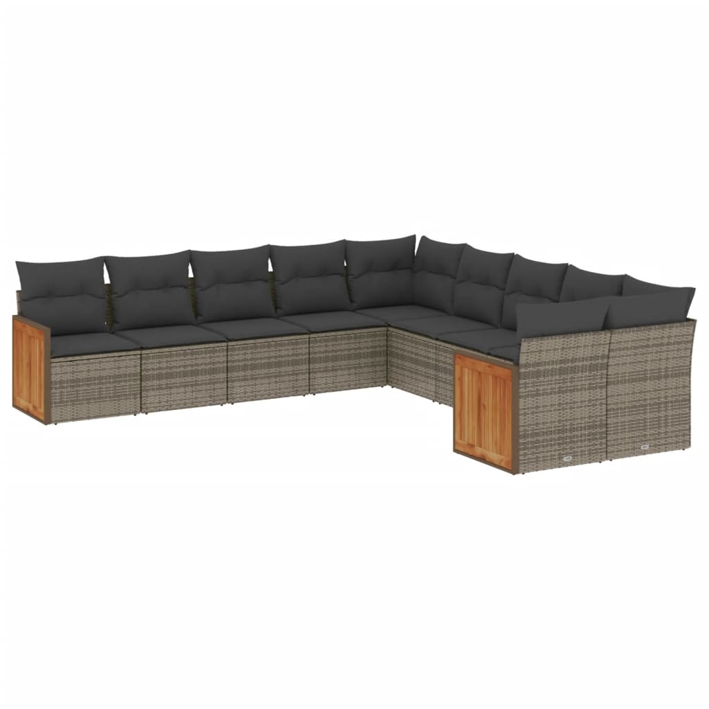 10-delige Loungeset met kussens poly rattan grijs