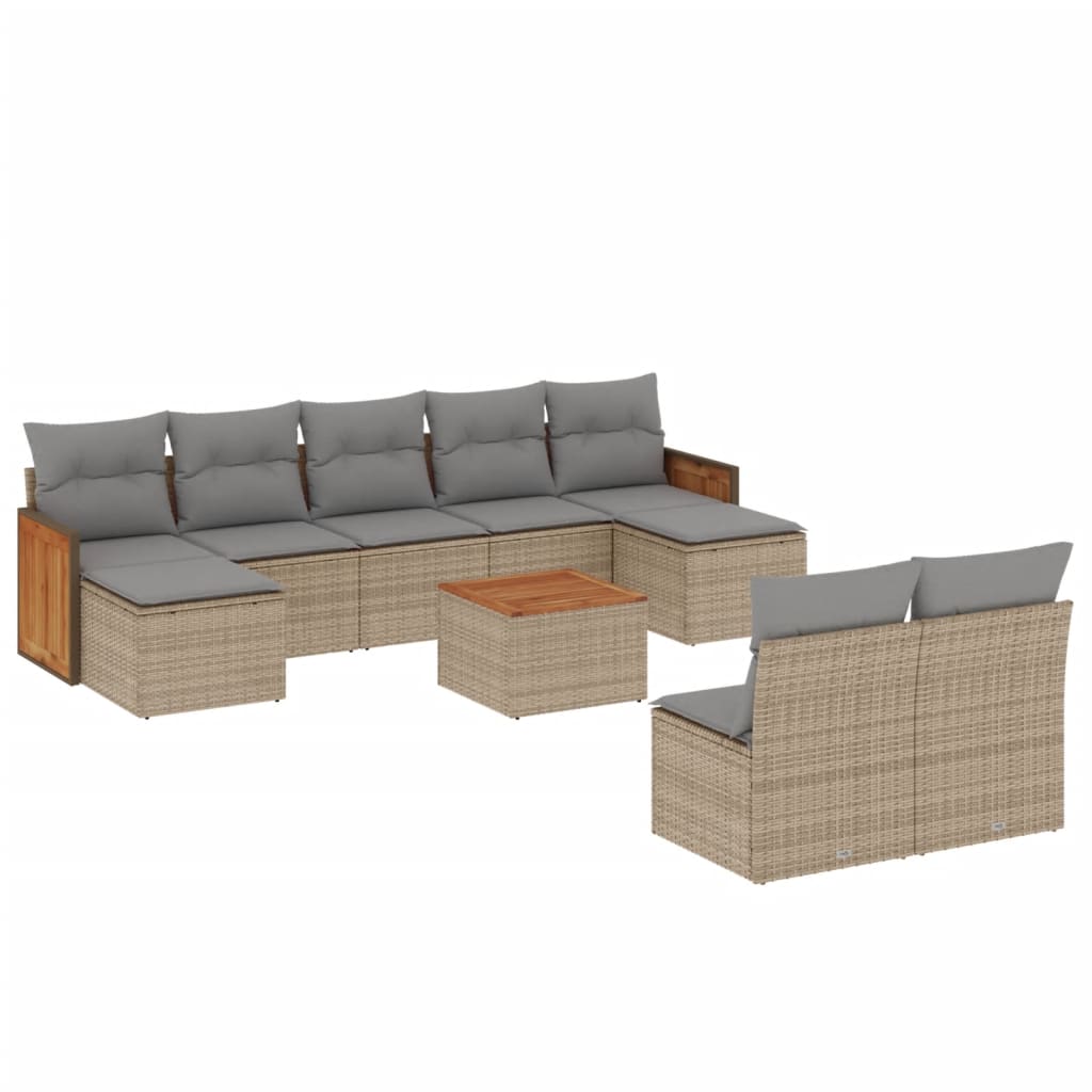 10-delige Loungeset met kussens poly rattan beige