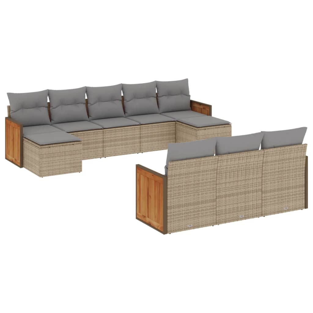 10-delige Loungeset met kussens poly rattan beige