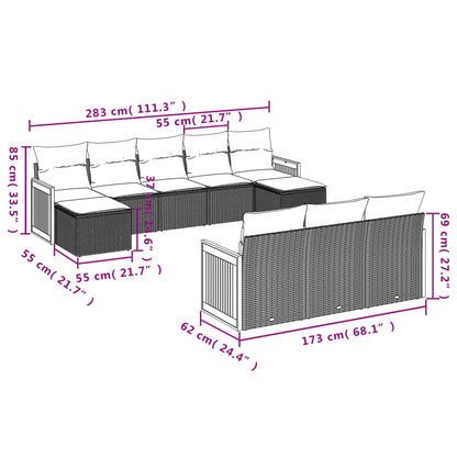 10-delige Loungeset met kussens poly rattan grijs