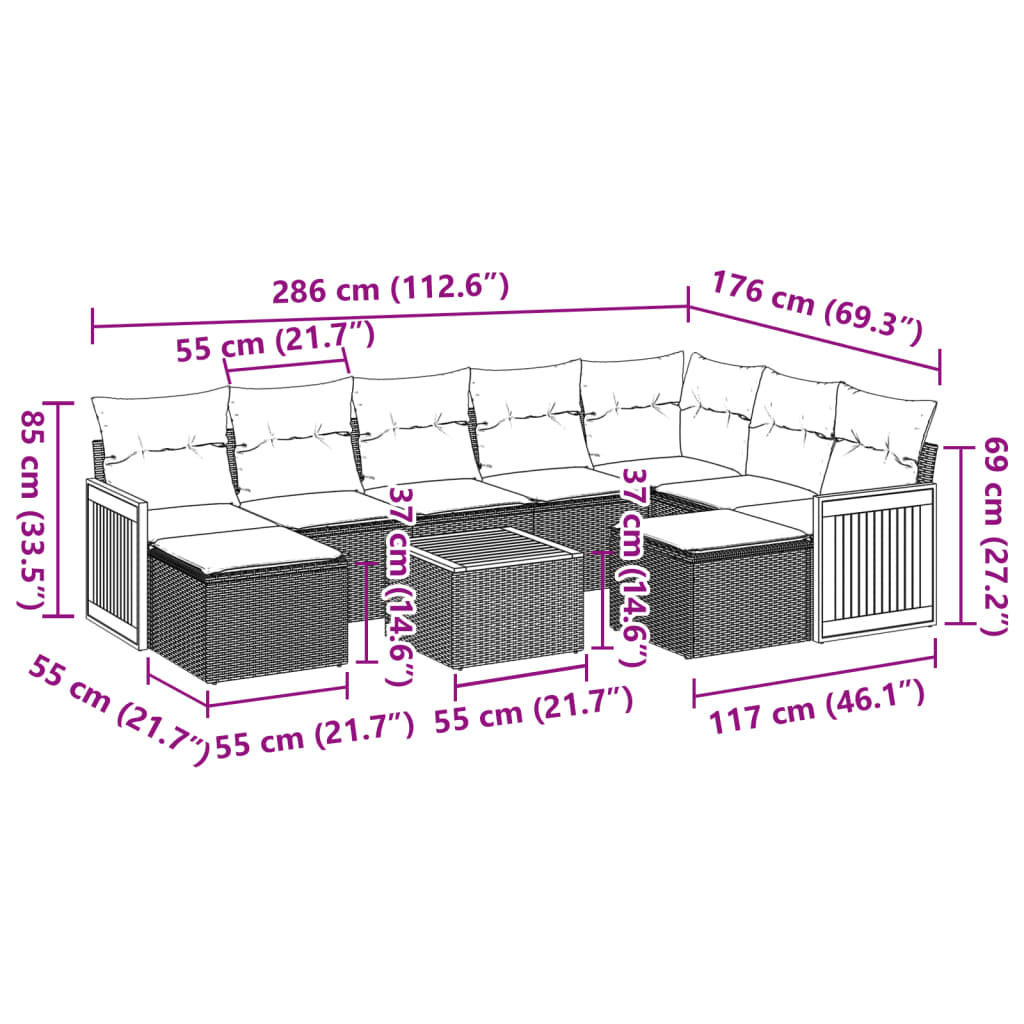 10-delige Loungeset met kussens poly rattan beige