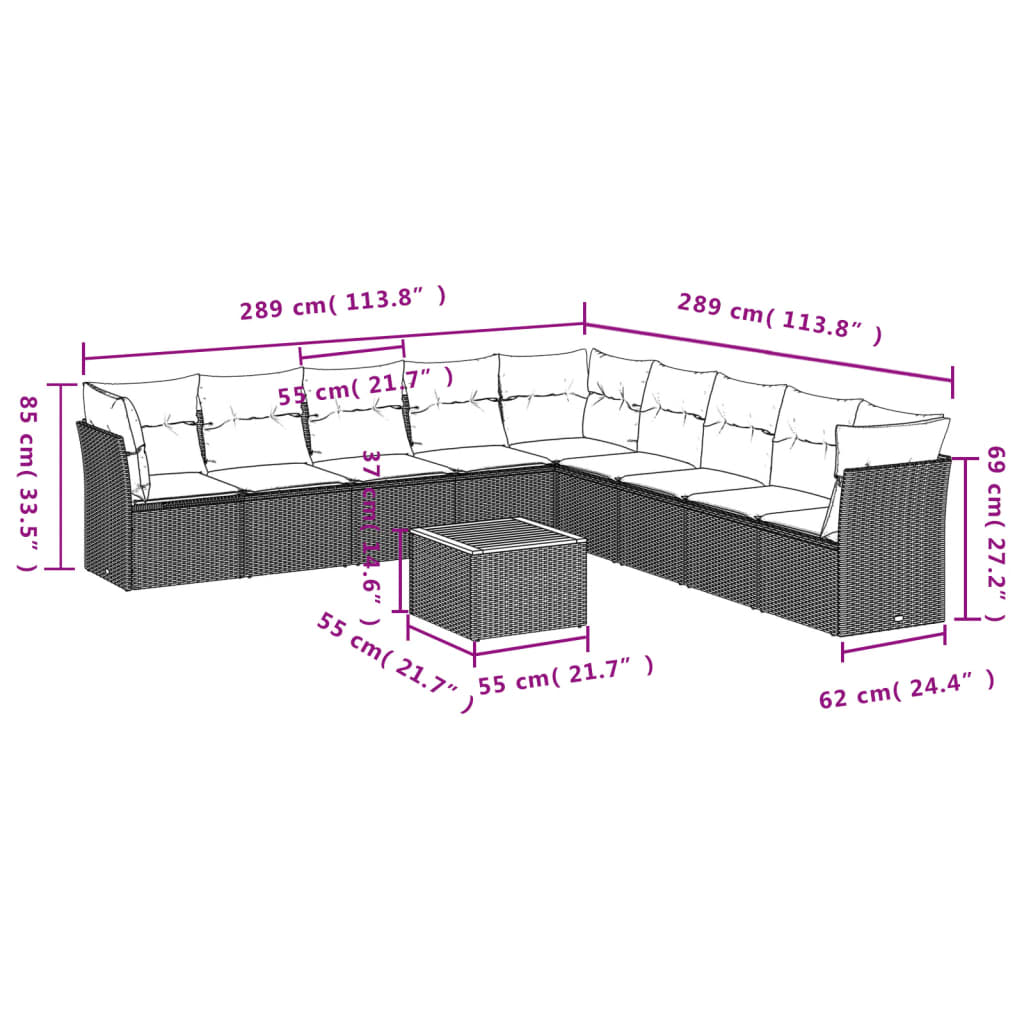 10-delige Loungeset met kussens poly rattan beige