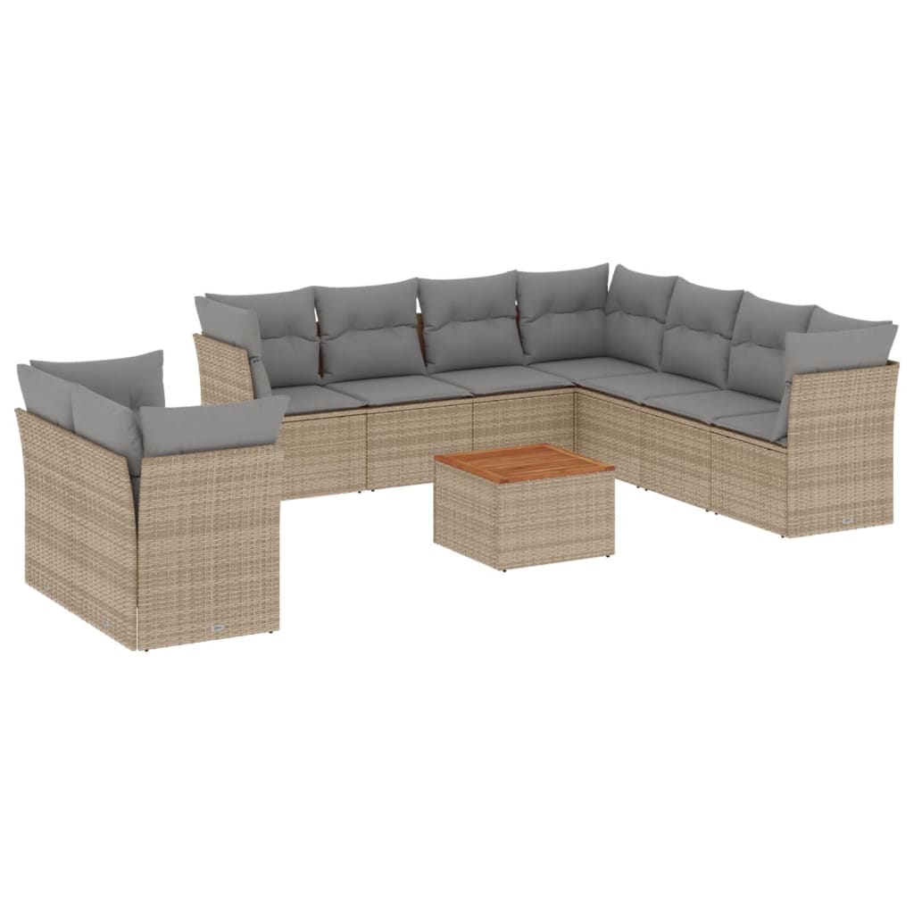 10-delige Loungeset met kussens poly rattan beige