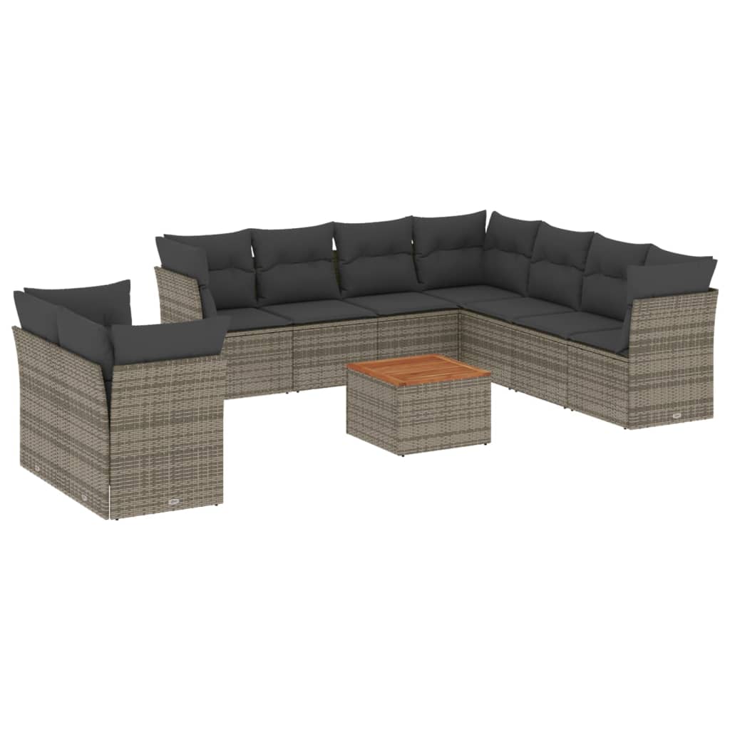 10-delige Loungeset met kussens poly rattan grijs