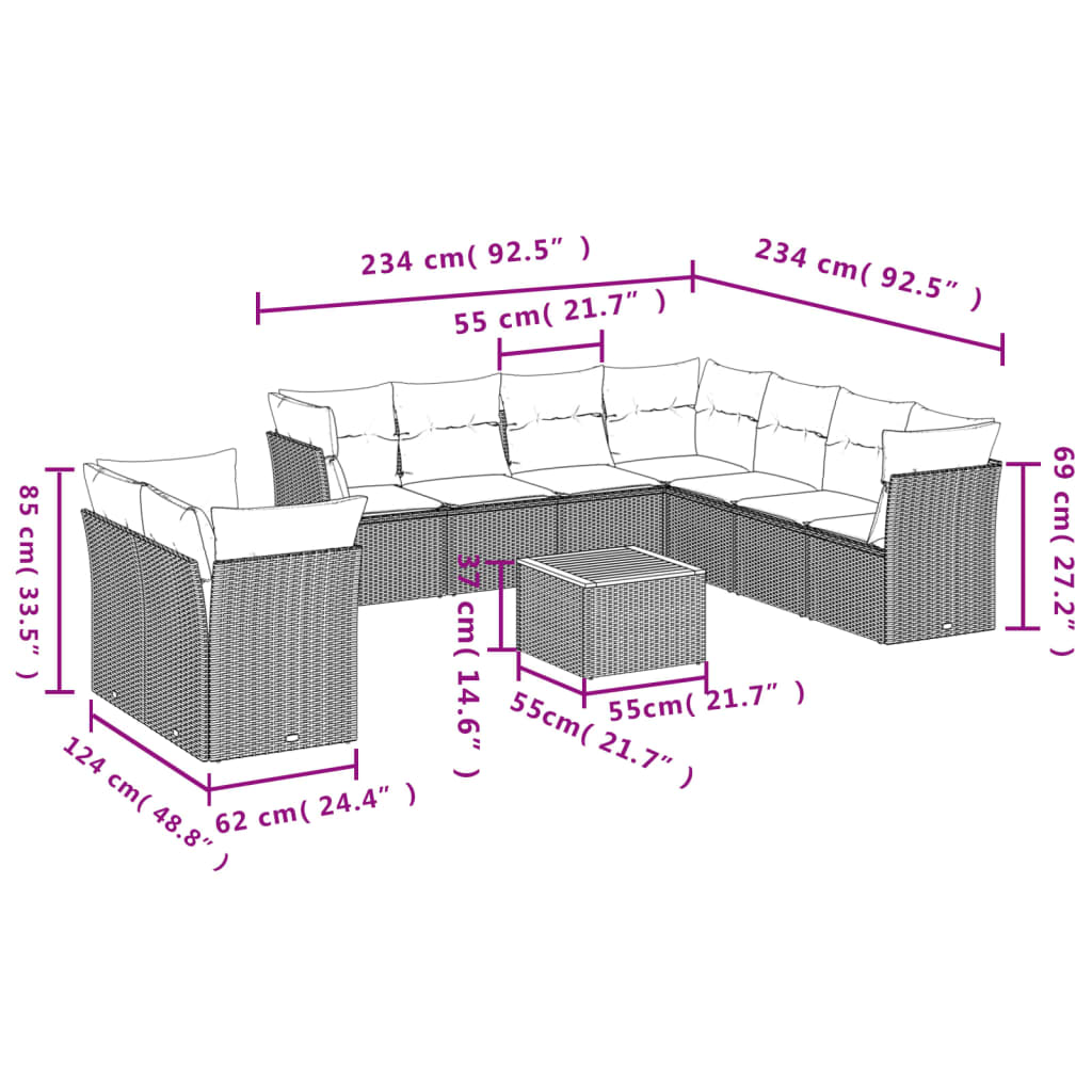 10-delige Loungeset met kussens poly rattan grijs