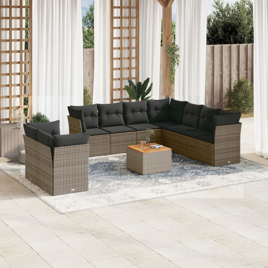 10-delige Loungeset met kussens poly rattan grijs