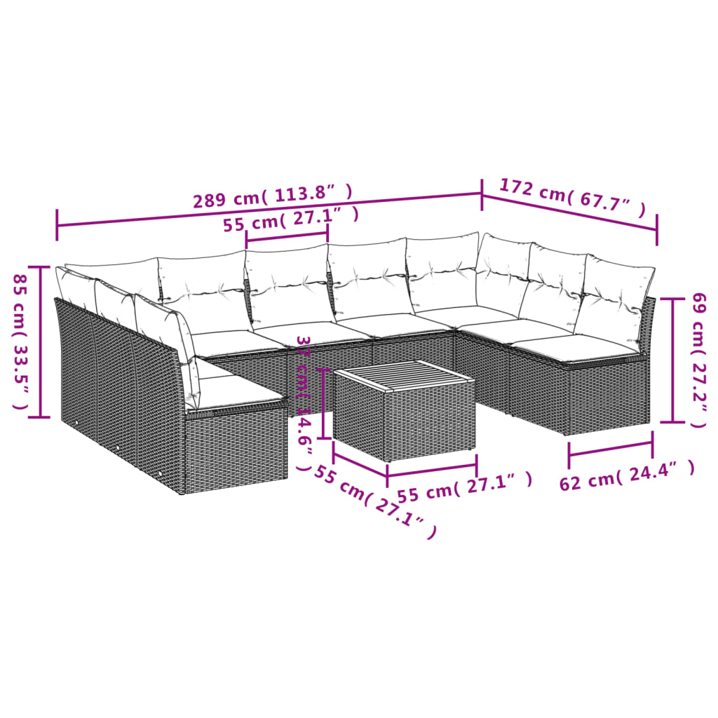 10-delige Loungeset met kussens poly rattan beige