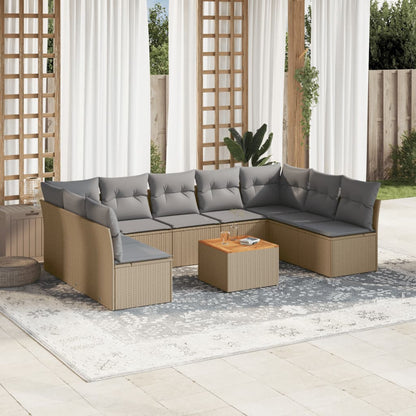 10-delige Loungeset met kussens poly rattan beige