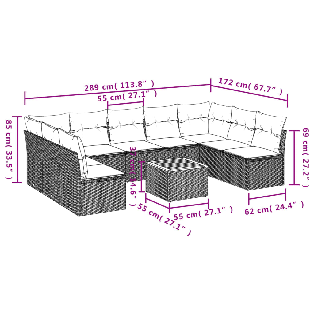 10-delige Loungeset met kussens poly rattan grijs