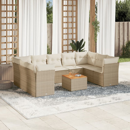 10-delige Loungeset met kussens poly rattan beige