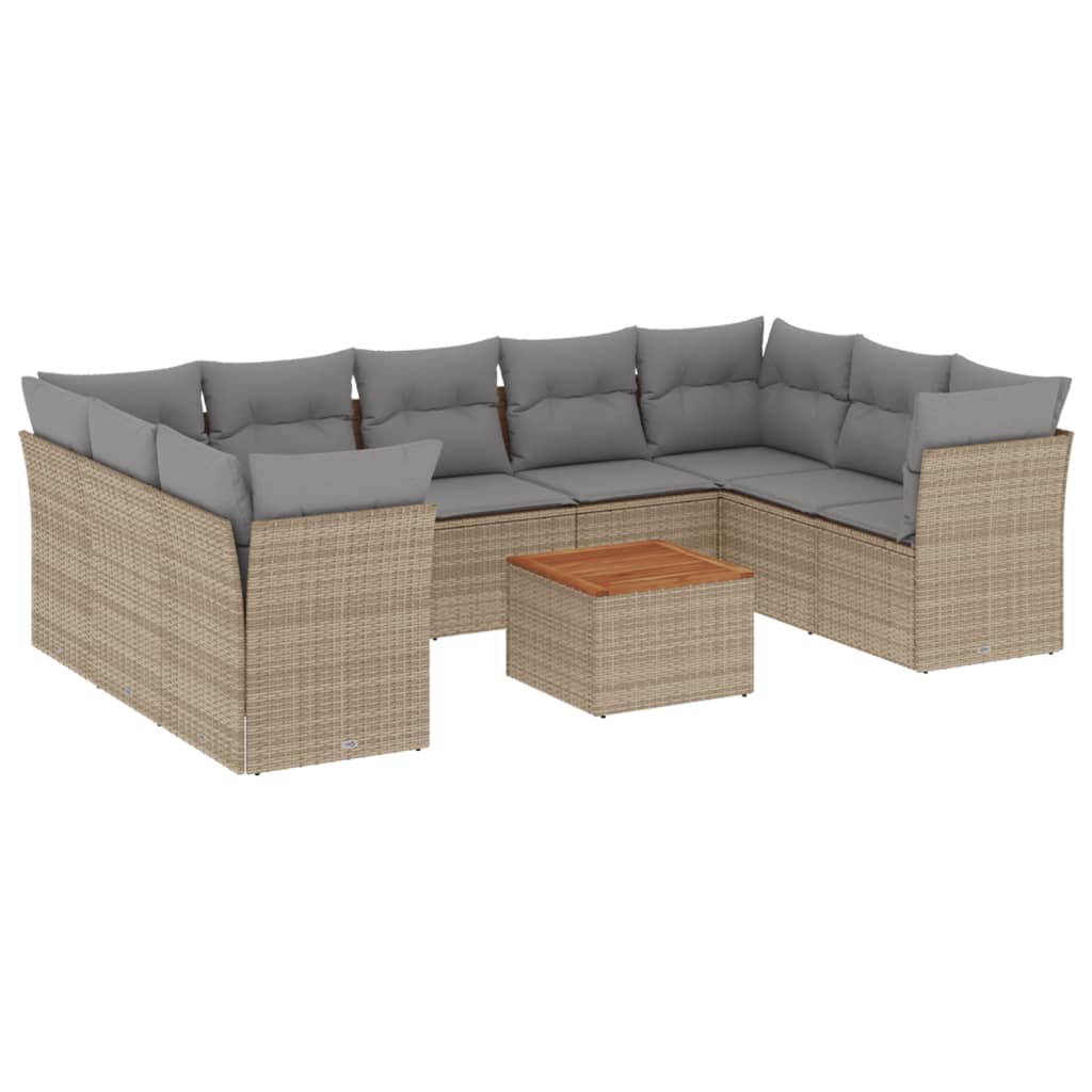 10-delige Loungeset met kussens poly rattan beige