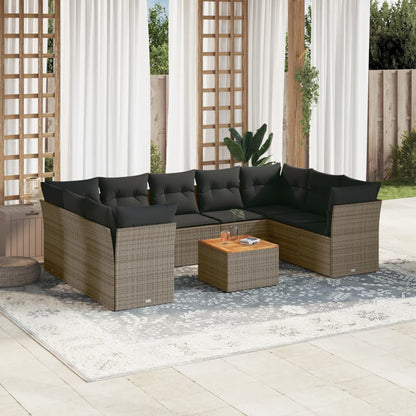 10-delige Loungeset met kussens poly rattan grijs