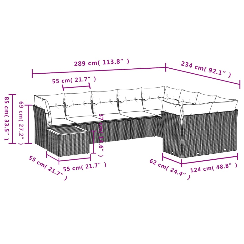 10-delige Loungeset met kussens poly rattan beige