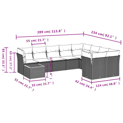 10-delige Loungeset met kussens poly rattan grijs