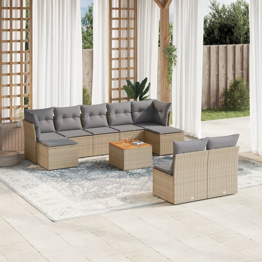 10-delige Loungeset met kussens poly rattan beige