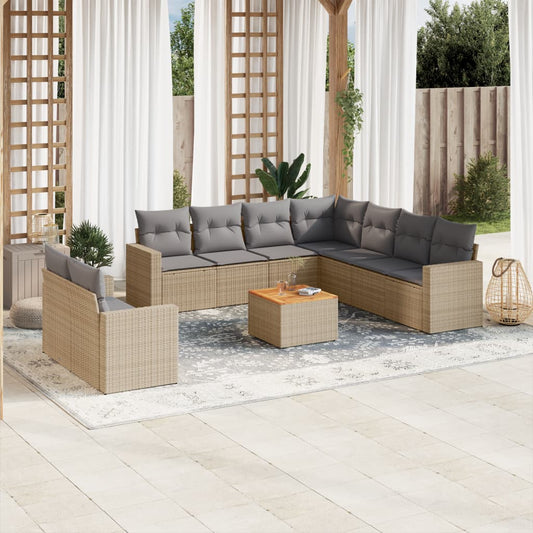 10-delige Loungeset met kussens poly rattan beige