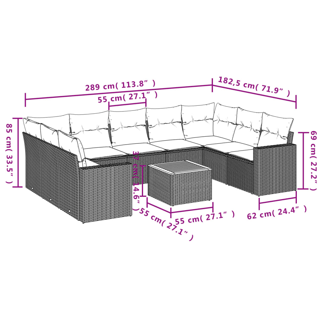 10-delige Loungeset met kussens poly rattan beige