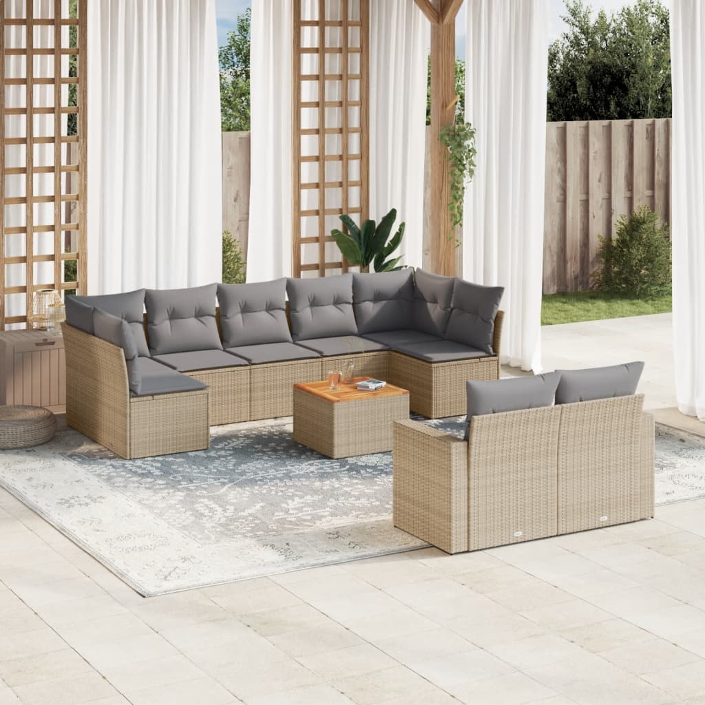 10-delige Loungeset met kussens poly rattan beige