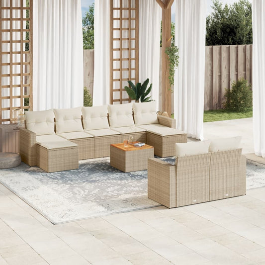 10-delige Loungeset met kussens poly rattan beige